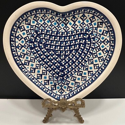 Vntg Boleslawiec Polish Pottery Blue Diamond Dream Heart Plate/Platter Beautiful