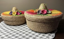 Vintage Mexican Sombrero Hat Shaped Basket Hand Woven Tortilla Stacking Set Of 2
