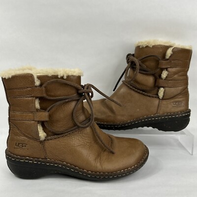 Ugg Boots Women 5 Caspia Ankle Short Sheepskin Winter Brown Leather Lace Up 1932