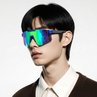 Shield Style Mirrored Sunglasses Blue Freckled Rim Lightweight Multicolor