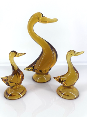Viking Glass Amber Duck Set Epic MCM Art Glass Duck Figurines Set