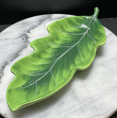 Vintage Enesco Randy Ouzts 12'' Oblong Green Leaf Serving Tray Celery Relish Dish