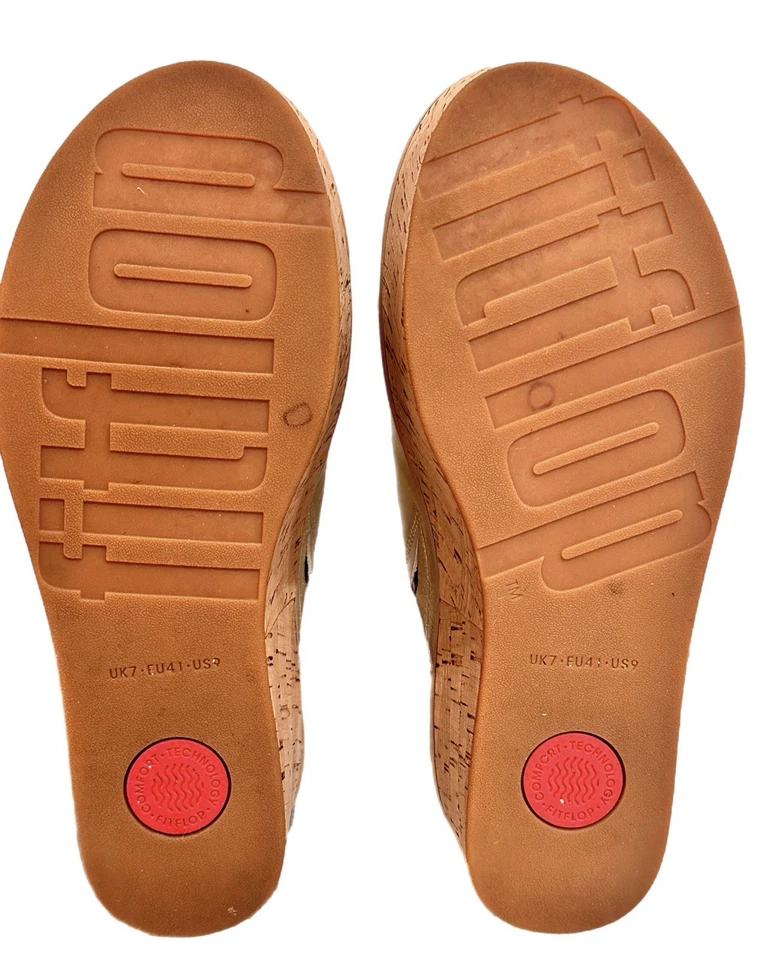 FitFlop楔形拖鞋凉鞋金色皮革舒适鞋女式 — 第 3/4 张图片