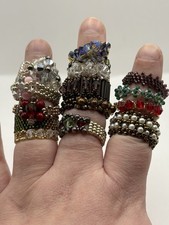 Lot of 15 Hand-Stitched Beaded Stretch Rings Glass Crystal Sizes 8-10