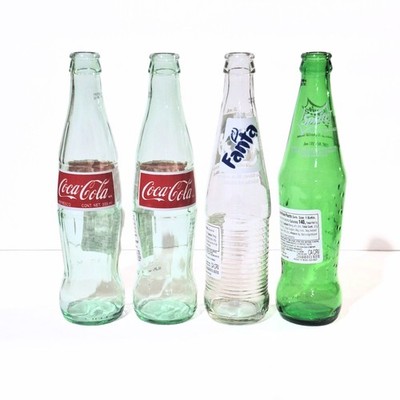 Set of 4 Empty Soda Glass Bottles   Coca-Cola, Sprite & Fanta   Decor / Display