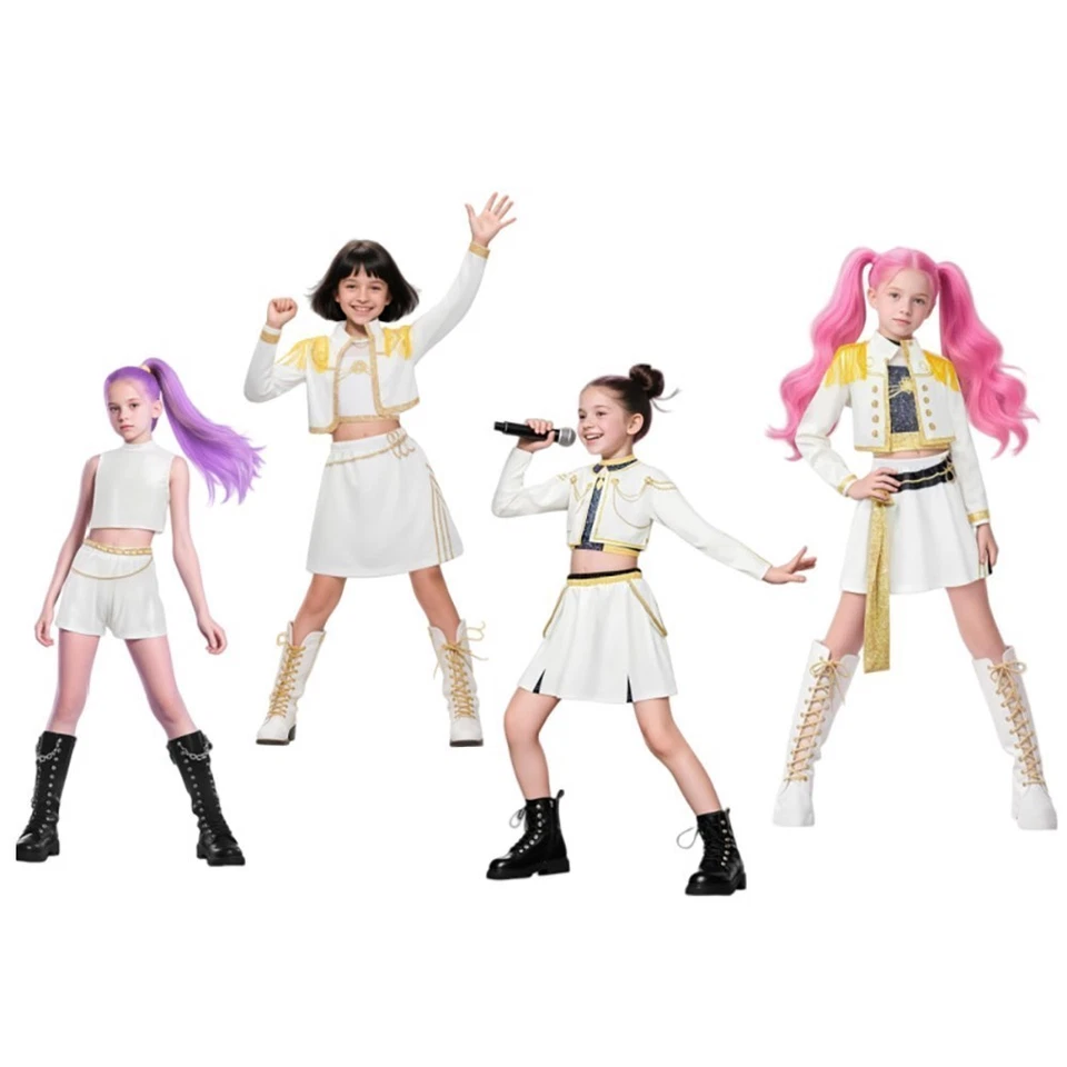 Kids Girls KPop Demon Hunters Costume Rumi Zoey Cosplay Fancy Dress Wigs Outfits - Image 4 of 4