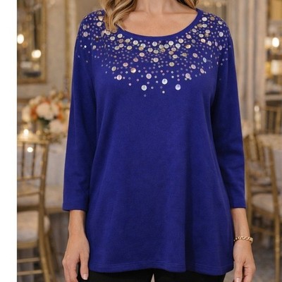 Victor Costa Occasion Royal Blue Sequin Embellished Knit Sweater Top 3X Dressy
