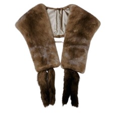 SAGA MINK Real Fur Shawl Stole Scarf Brown Beige Tails Authentic New With Tag
