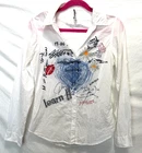 Desigual Women's Size Small White Graphic Pop Art Embroidered Long Sleeve Blouse