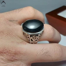 Elegant Yemeni Aqeeq Ring Handmade Black Agate Design Silver Jewelry 