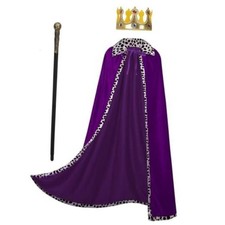 King Costume Cape for Adult Mardi Gras Velvet Robe and Crown  55" Purple