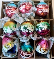 SET OF 9 CHRISTOPHER RADKO SHINY BRITE FLOCKED CHRISTMAS ORNAMENTS IN BOX