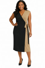 Luxology Faux Wrap Dress Womens Size S Black Tan Two Tone Business Career NEW