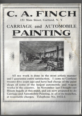 CORTLAND NY C A FINCH CARRAIGE & AUTO PAINTING 1900s PAPER ADVERTISING  151 Main