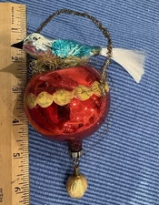 Glass Bird on Nest Wire Wrap Tinsel Wire Christmas Ornament w Walnut Spun Tail
