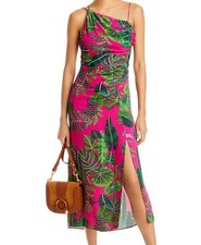 FARM RIO PINK/GREEN LEAVES ASYMMETRIC MIDI VISCOSE DRESS TROPICAL SIZE SMALL