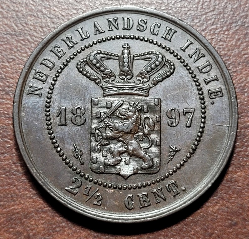 Netherlands Indies INDONESIA 1897 2-1/2 Cents KM 308 AU nr UNC Original Toning
