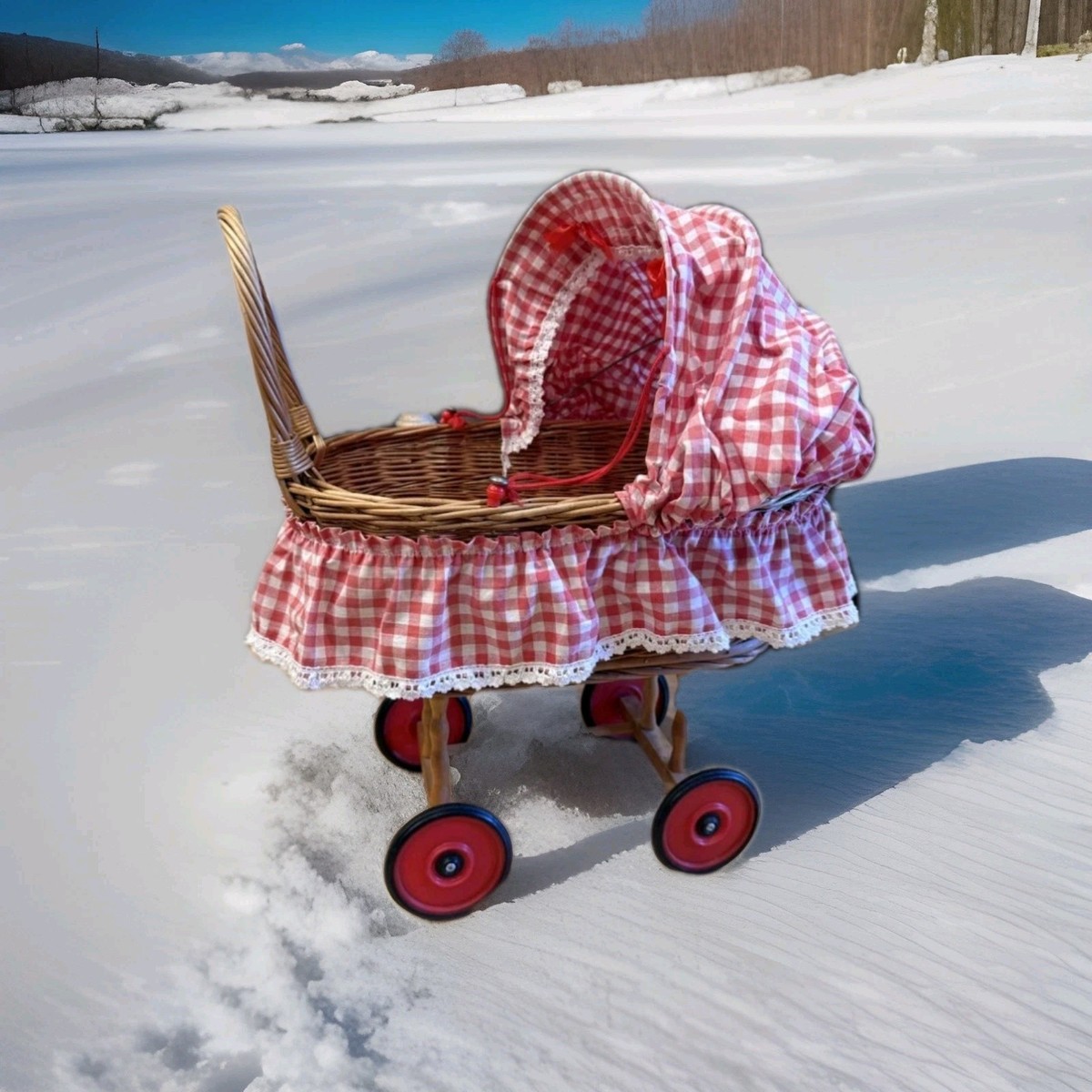 ドール用バギー　ヴィンテージ Antique Wicker Baby Doll Bassinet Buggy Carriage Stroller Red