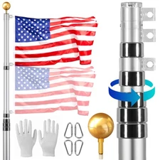 30FT Telescopic Flagpole Kit Heavy Duty Aluminum Flag Pole American Silver