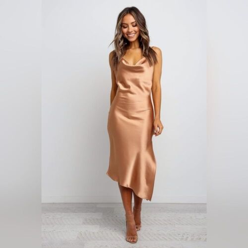 Petal + Pup Cyprus Elegant Satin Slip Dress Gold Tan Size 8 - Picture 3 of 8