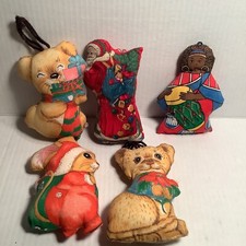 Lot 5 Vtg Christmas Holiday Stuffed Fabric Handmade Cut  Sew Plush Toy Decor
