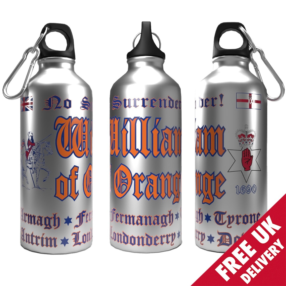 William of Orange Water Bottle 750ml Aluminium | 2 Lids + Carabiner