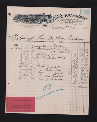 BIELEFELD, Rechnung 1913, H. A. Reckmann & Sohn Leinen-Baumwollwaren Wäsche-Fabr