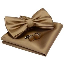 Mens Solid Color Double Fold Pre-tied Bow Tie and Pocket Square Champagne