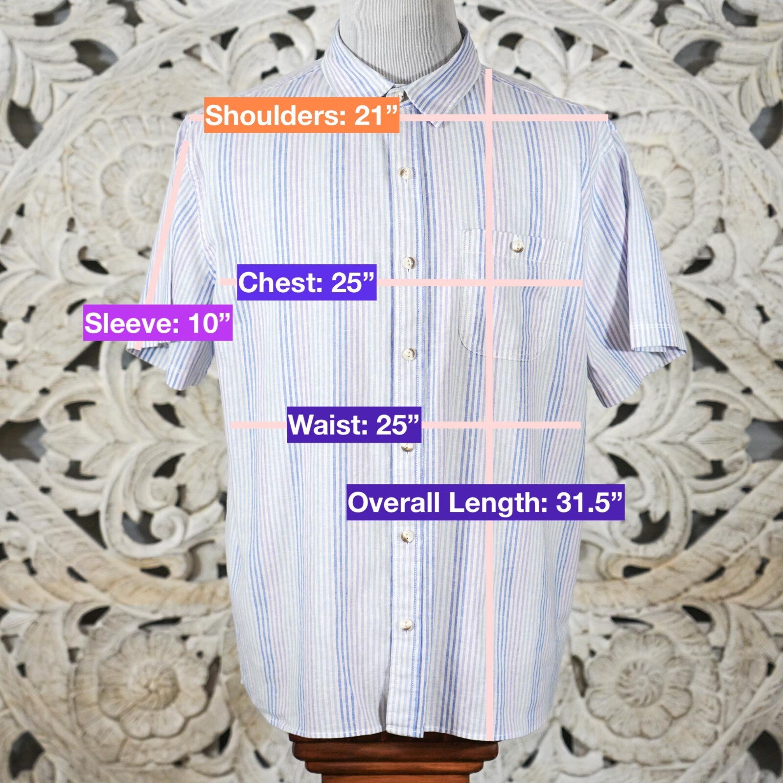 Eventide Men's XL Striped Short Sleeve Shirt Light Blue Purple Linen Blend image 2