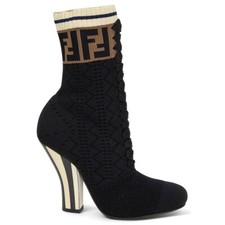 65324 auth FENDI black ROCKOKO KNIT SOCK Ankle Boots Shoes 36.5