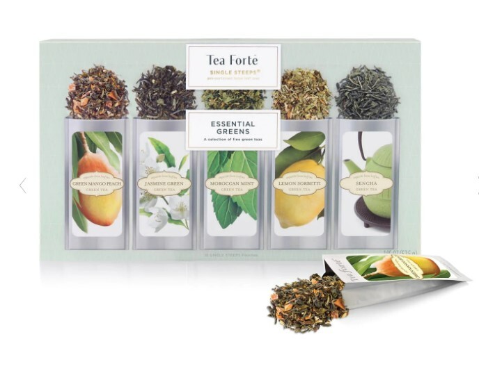 TEA FORTE, "Essential Green" Assortment of 15 Single Steeps Tea Tasting Pouches