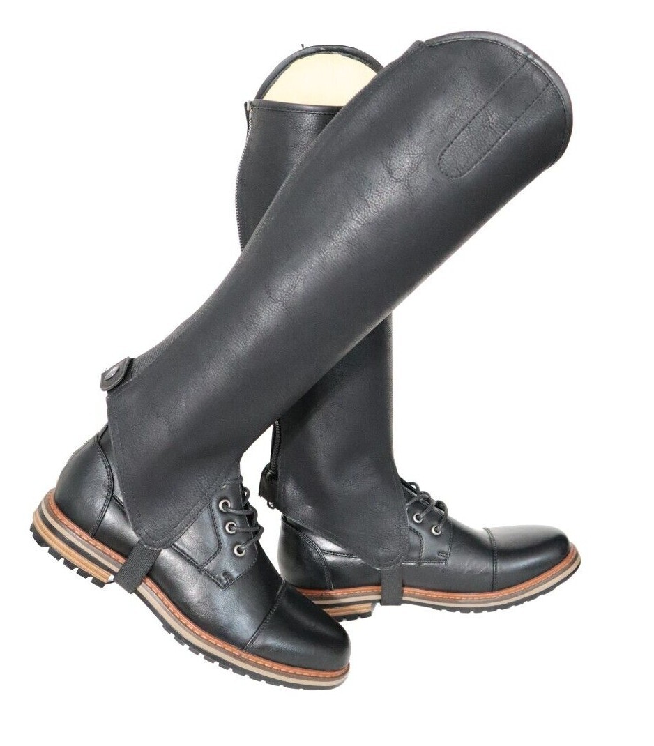 HORSE RIDING EQUESTRIAN HALF CHAPS BLACK WASHABLE PU SYNTHETIC LEATHER