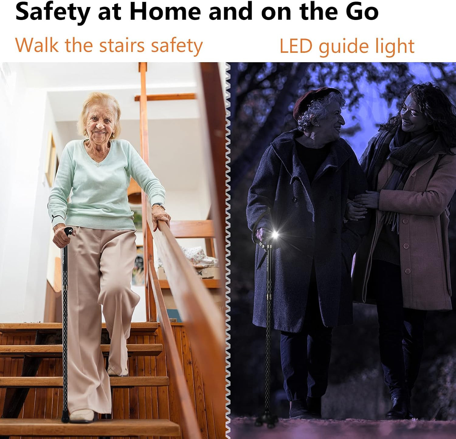 Folding Walking Cane with LED Light for Women & Men - Foldable, Adjustable, Coll