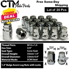 20x Chrome 14x1.5 Cone Seat Lug Nut + Wheel Lock Set Fit Buick Cadillac Chevy