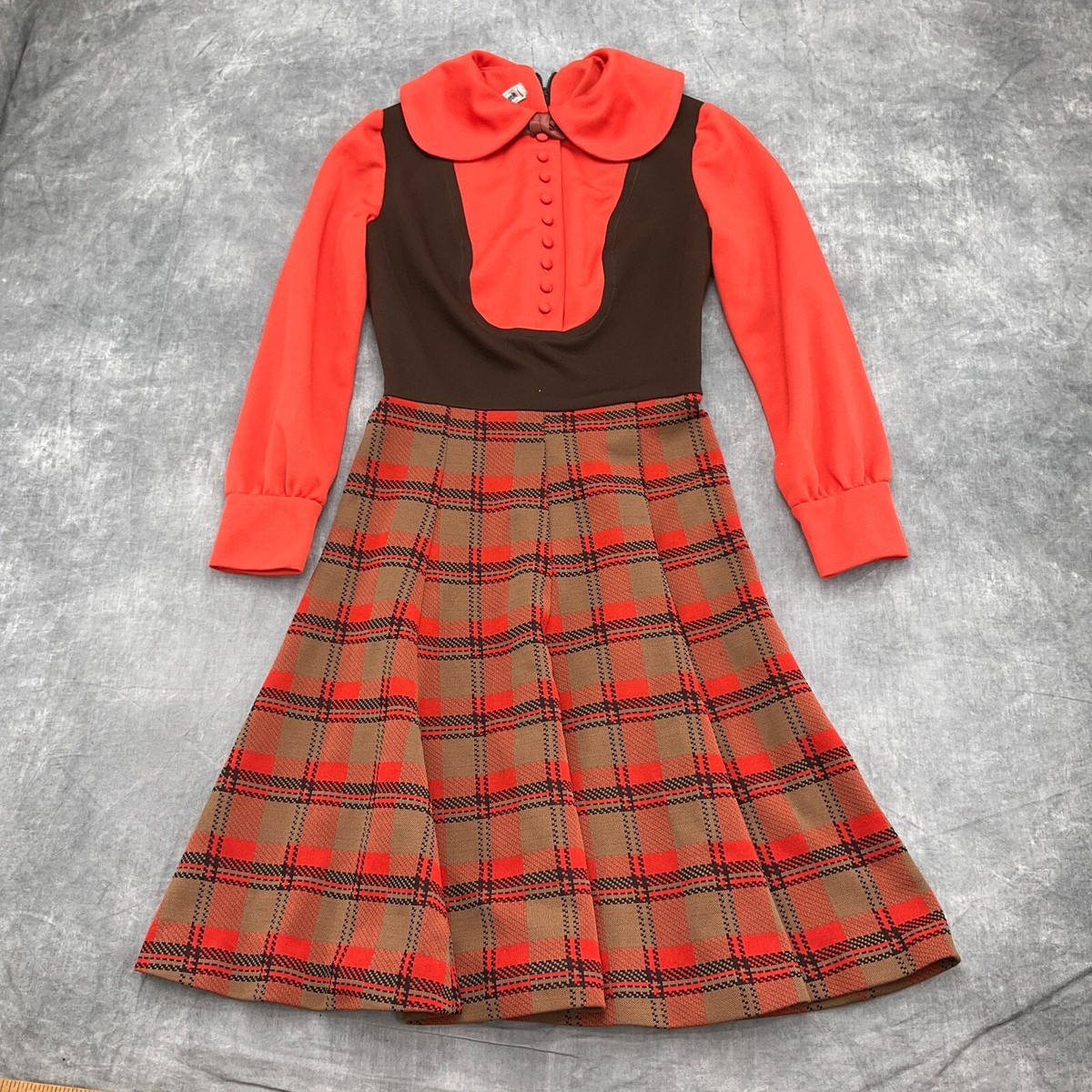 Joseph Magnin Dress Women XSmall Orange Brown Plaid 60 70s Student  Secretary VTG