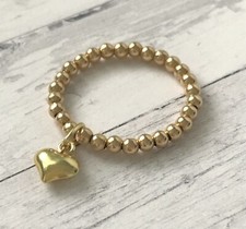Gold Beaded Ring, Stretch Stacking Bead Ring with Heart Charm, Custom Sizes