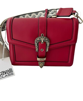 NWT Roberto CAVALLI Class Cherry Red LOGO Strap Shoulder Bag Purse M DUST BAG