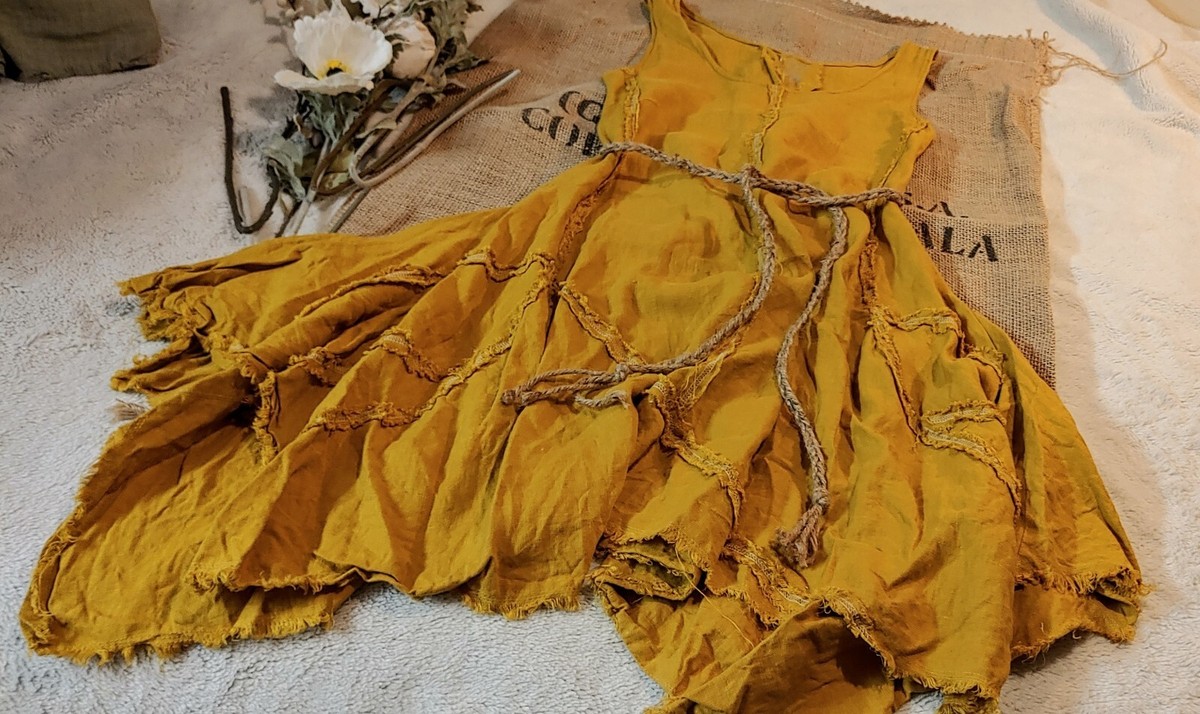 YUVITA (Belarus) 100% Linen Dress Lagenlook Sleeveless Raw Handkerchief Hem  XS