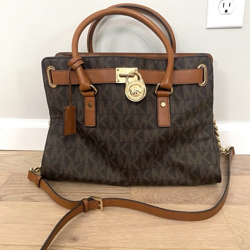 Michael Kors Hamilton Large Signature Logo Satchel Gold Padlock Charm Brown