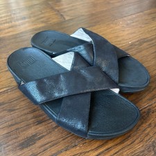 Fitflop Women  s Lulu Cross Glitz Slide Sandals Midnight Navy Sz 9 Comfort