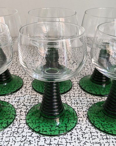 70s Vintage Green Ribbed Beehive Stem Roemer Wine Hock Glasses France Retro Bar - Picture 3 of 5