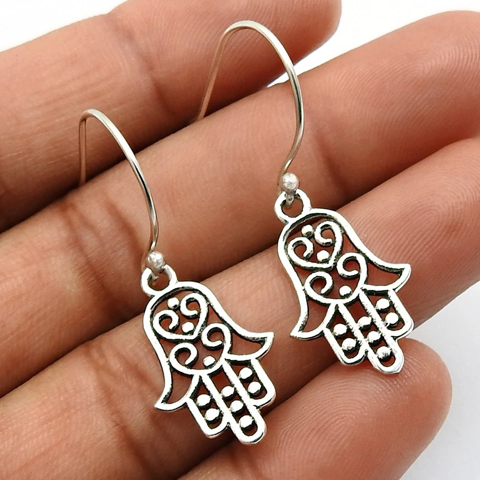 Hamsa Mano de Fátima Pendientes Sólido 925 Plata Ley Regalo Navidad para Mujer - Imagen 3 de 4