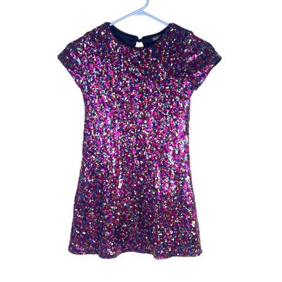 Three Pink Hearts Sequin Dress Girls Small Short Sleeve Multicolor Party Sparkly
