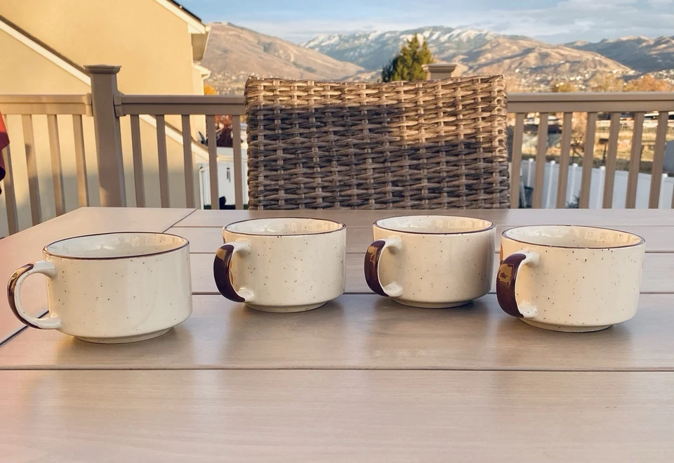 Винтажный набор из 4 японских крапчатых керамических больших цветочных суповых кружек - Изображение 2 из 4