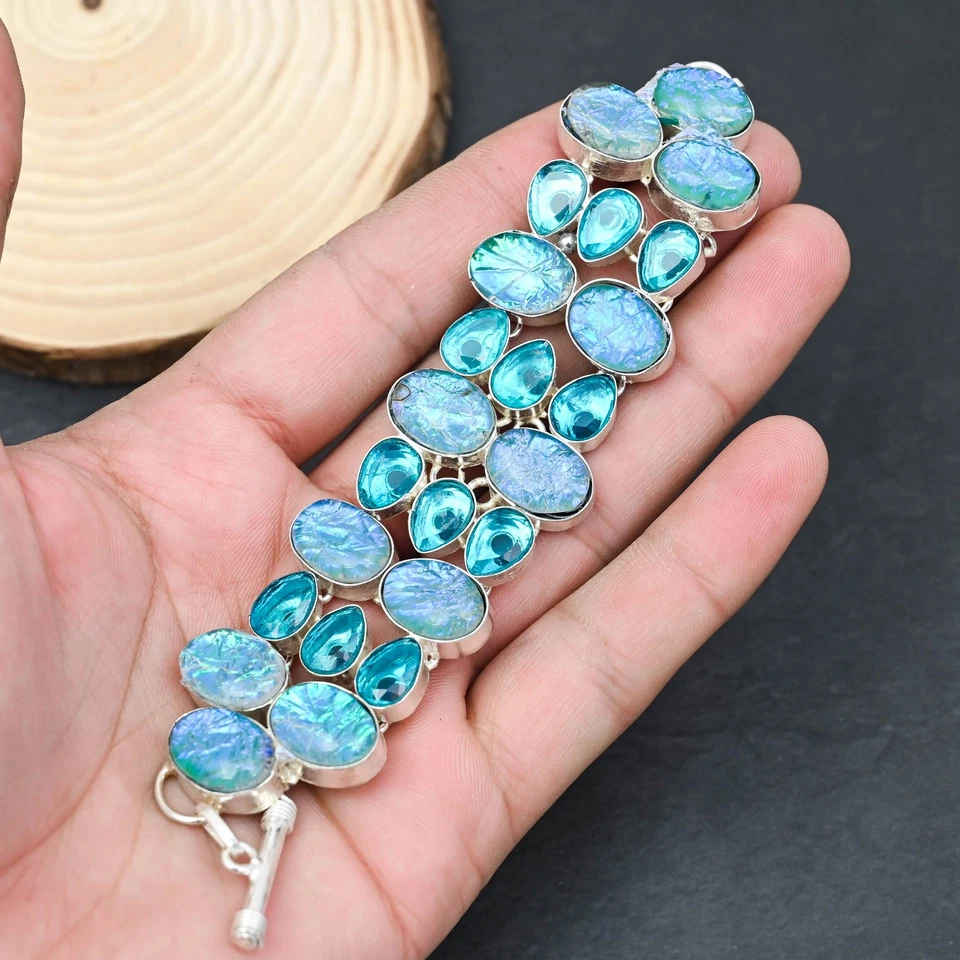 Bracciale gioiello in argento sterling 925 con topazio blu opale tripletta bl... - Immagine 3 di 4