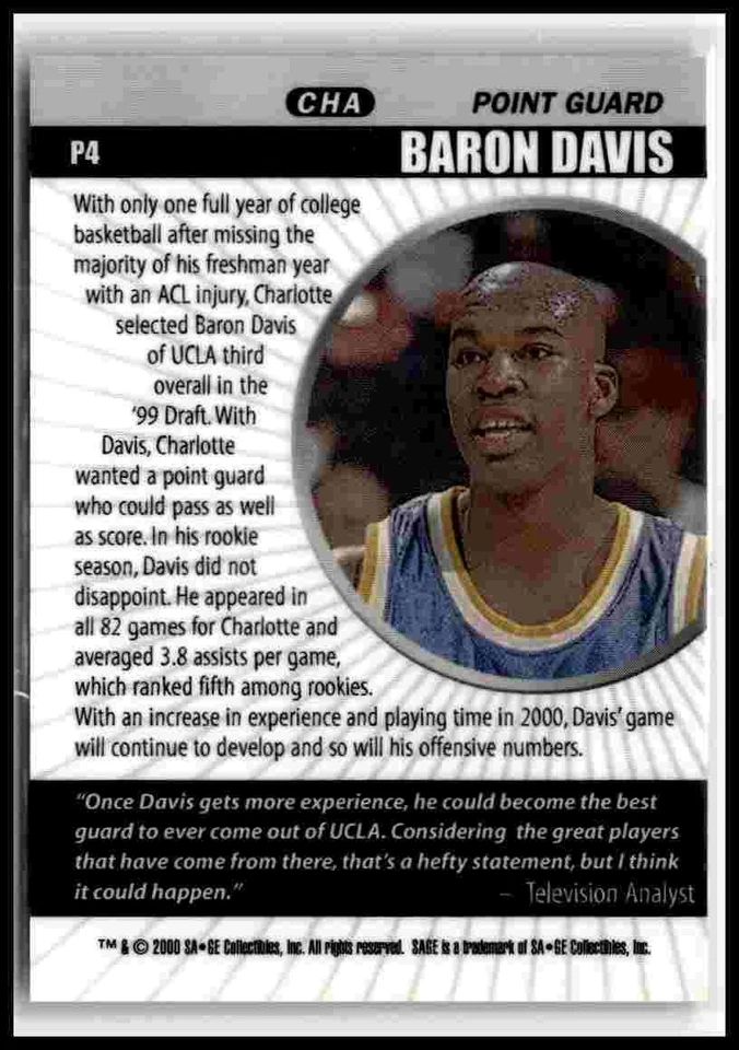 2000 SAGE HIT #P4 Baron Davis Prospector Emerald #/999 - Image 2 of 2