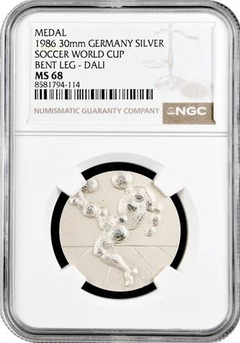 Germany silver medal 1986, NGC MS68, "Soccer World Cup, Dali - Bent Leg" Top Pop