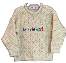 Vtg Highland Home Industries Kids Wool Sweater Scotland Cable Knit Sheep Sz 3-4