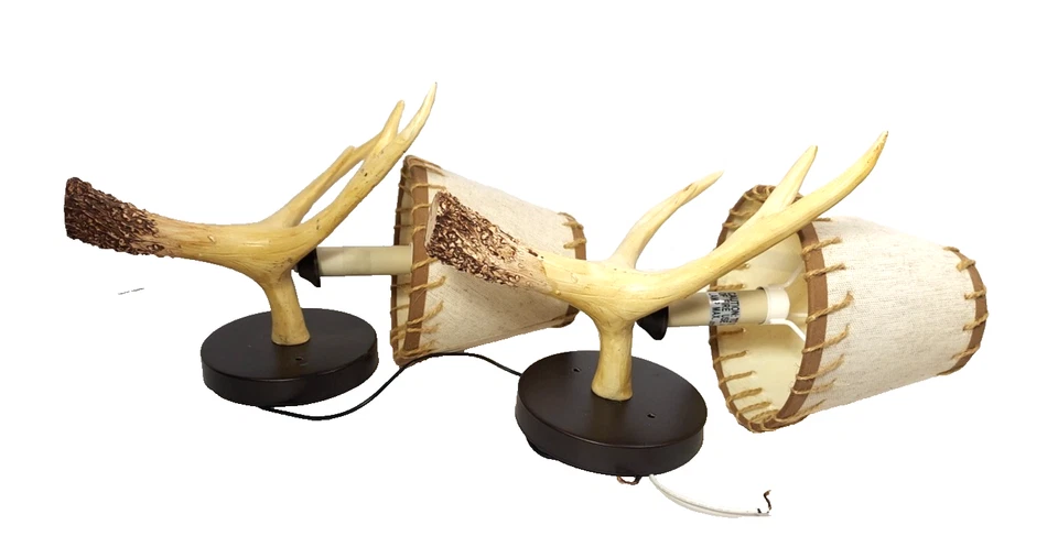 2 Resin Antler Deer Horn Wall Light Fixture Sconce Lamp Cabin Country W/shades - Image 2 of 4