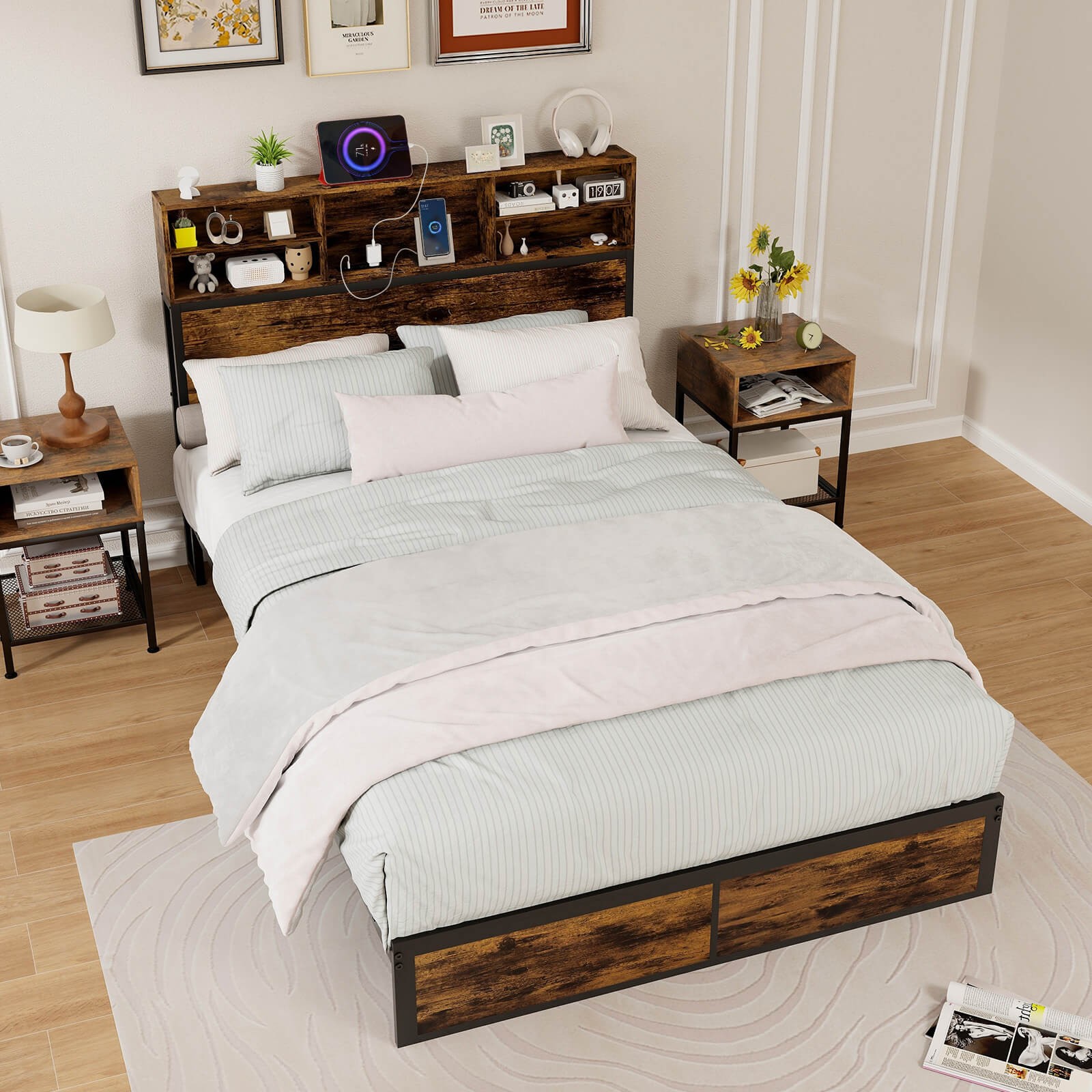 W/  Headboard Under-bed Storage Space Charging Station Stora